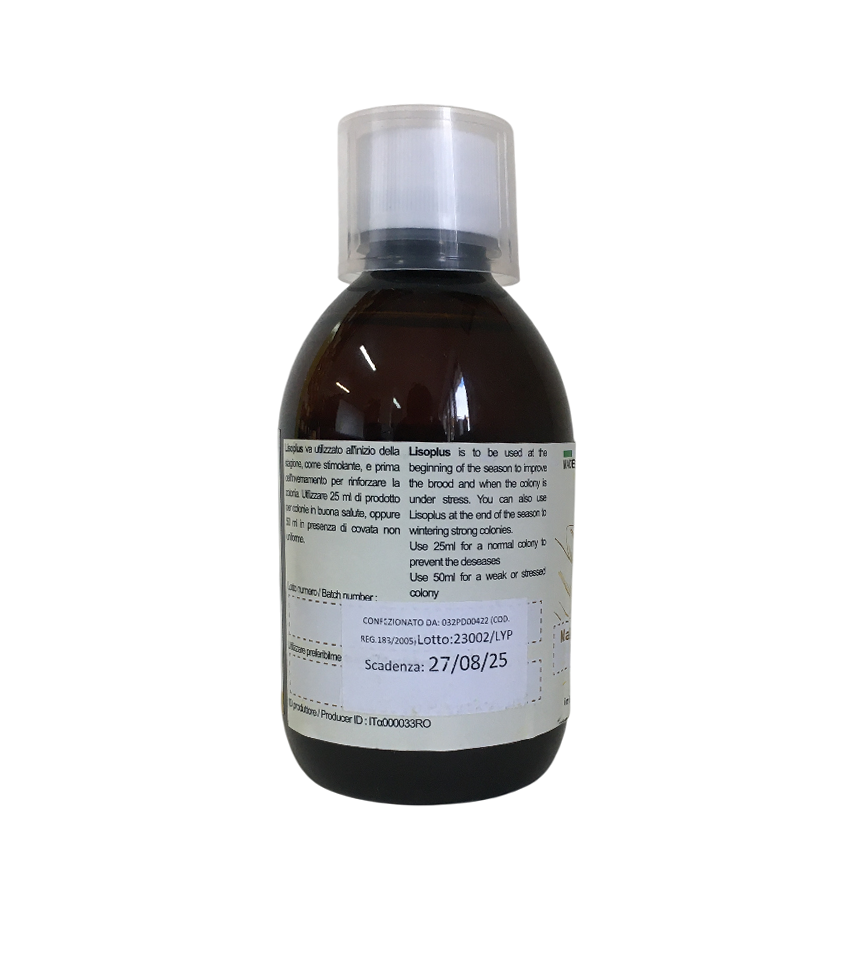 Etichetta informativa Lisoplus 250 ml integratore api Dettaglio etichetta Lisoplus 250 ml con lotto e scadenza