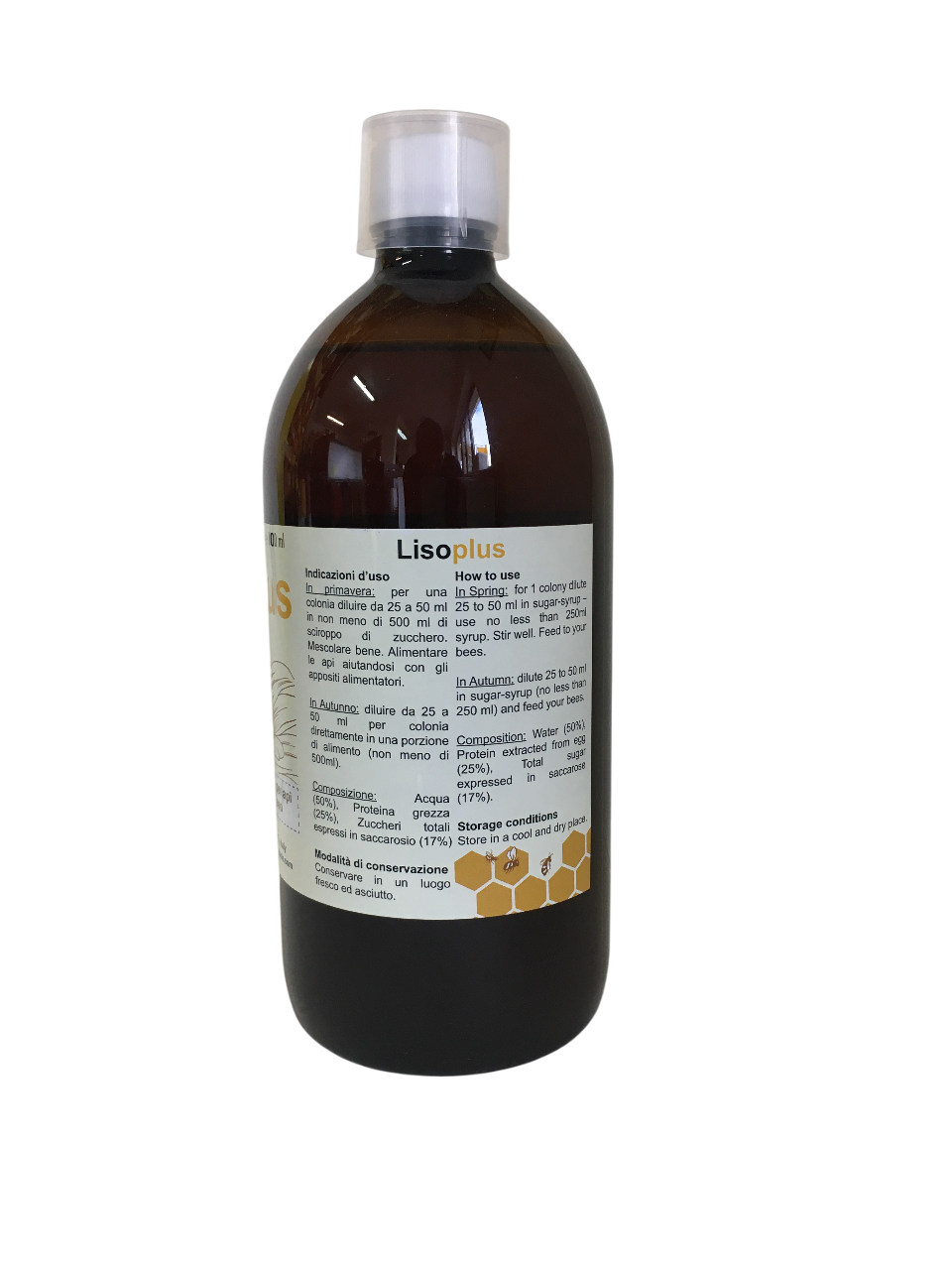 Retro flacone Lisoplus 1 L con istruzioni di utilizzo e composizione Istruzioni uso Lisoplus 1 L per api