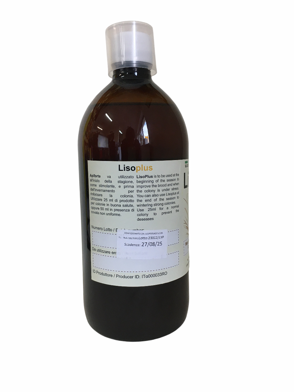 Dettaglio etichetta Lisoplus 1 L con lotto e scadenza Etichetta informativa Lisoplus 1 L integratore api