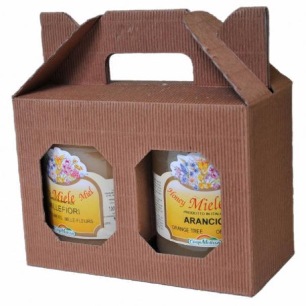 scatola portavasi in cartoncino marrone per due vasetti da 1000 grammi con finestre frontali e maniglia integrata
