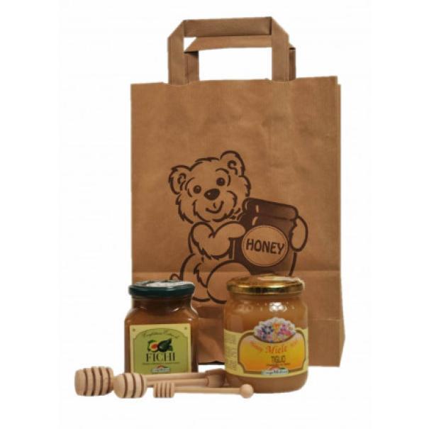 busta carta con orsetto e scritta honey adatta a confezionare vasetti di miele