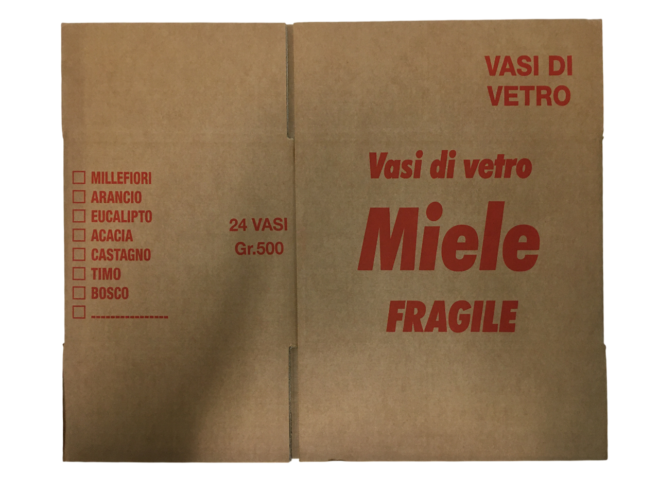 scatola in cartone per trasporto 24 vasi miele da 500 grammi con tramezzo apicoltura