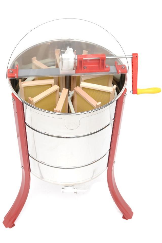 smelatore radiale manuale per 9 favi in acciaio inox con gambe rosse e coperchio trasparente per apicoltura professionale