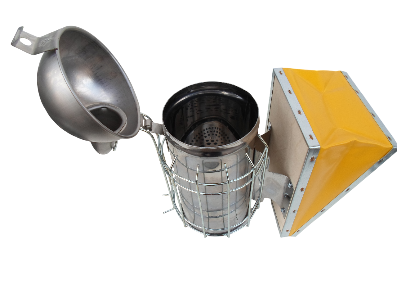 Affumicatore inox per apiario con griglia aperta e interno visibile