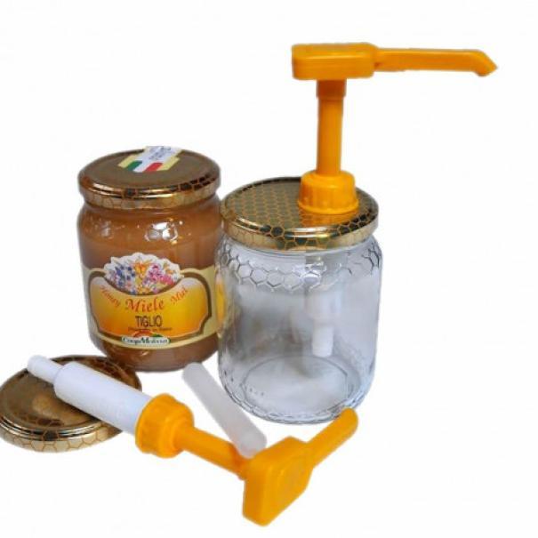 dispenser dosatore per miele apicoltura com con due tappi per vasi da 500 e 1000 grammi
