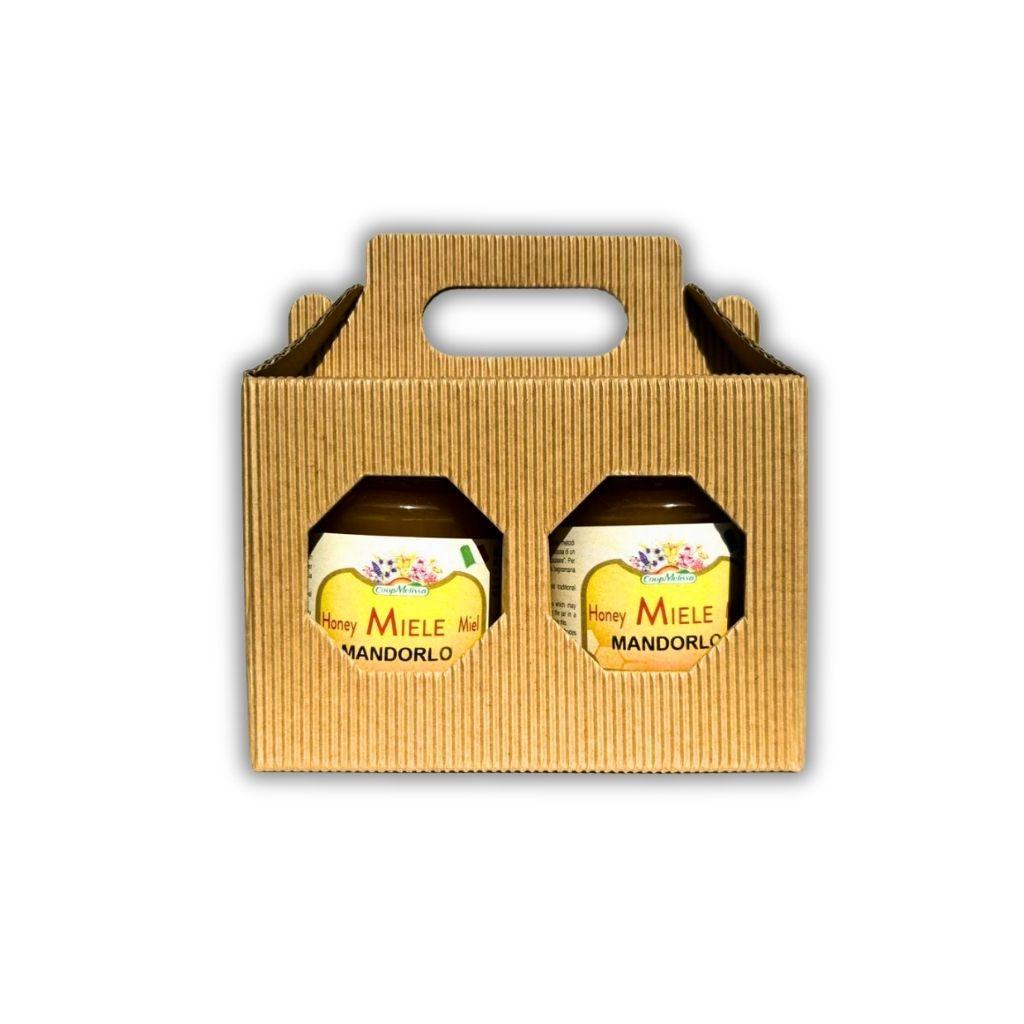 Scatola montata con vasetti miele 250g inseriti e manico superiore