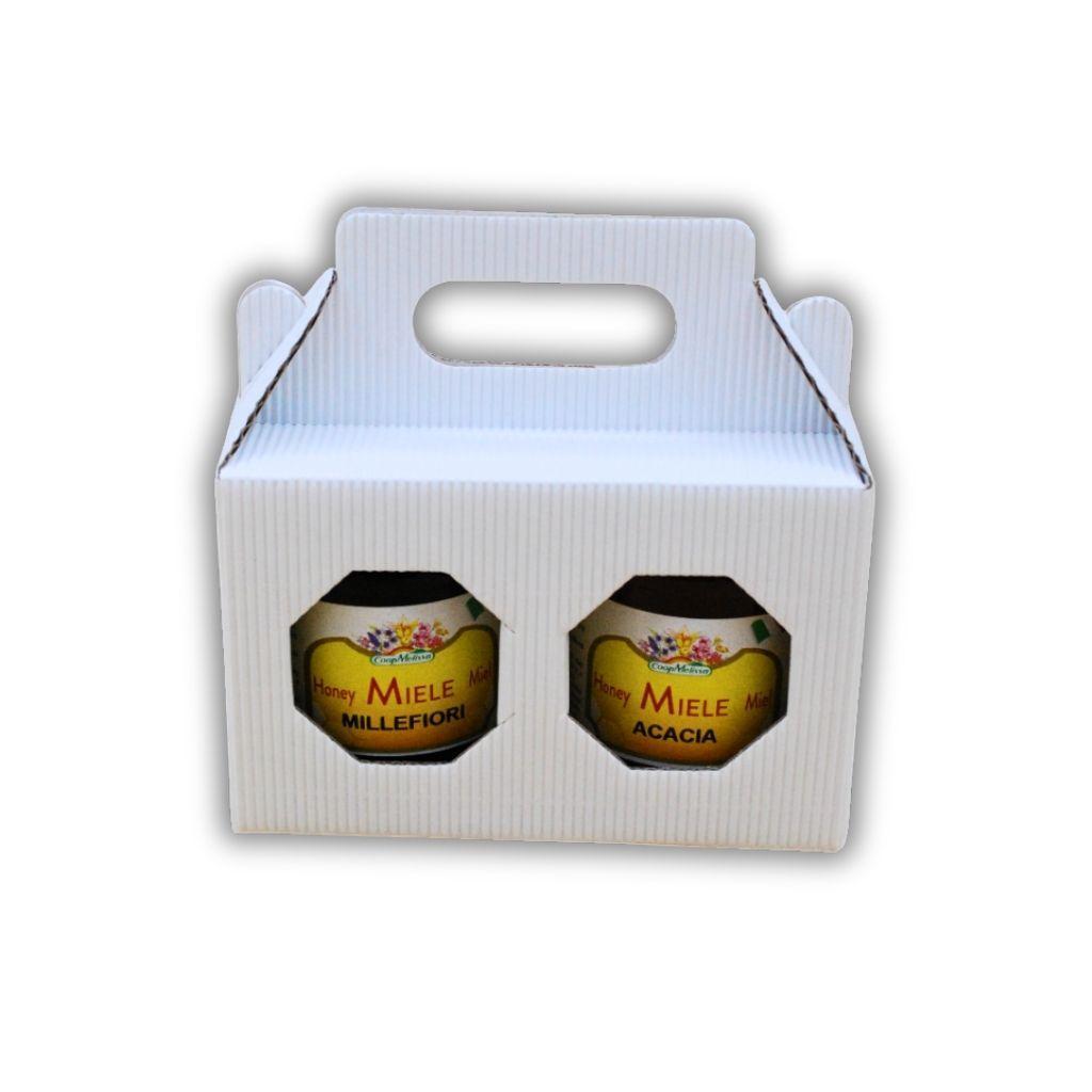 Scatola bianca montata con vasetti miele 250g inseriti e manico superiore