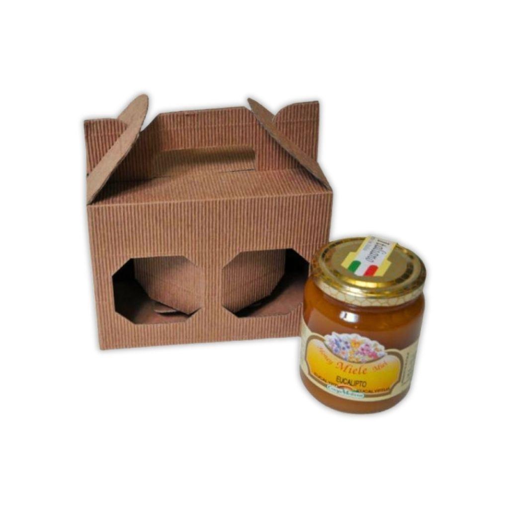 Scatola montata in cartone avana con finestre per due vasetti miele