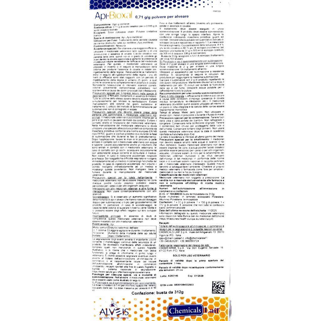 Etichetta informativa Api-Bioxal 312g acido ossalico uso veterinario